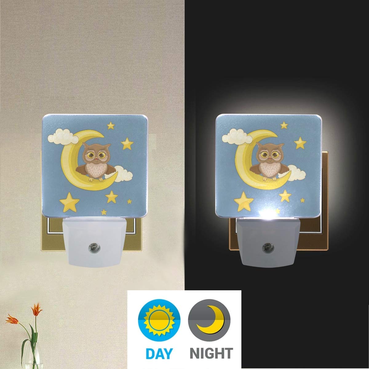 ALAZA 2 Pack Owl Owlet Moon Star LED Night Light with Dusk to Dawn Sensor - Plug in Nursery Decor, Kids Room Nightlight, Bedside Lamp for Adults - Perfect for Bedrooms, Hallways & Nurseries