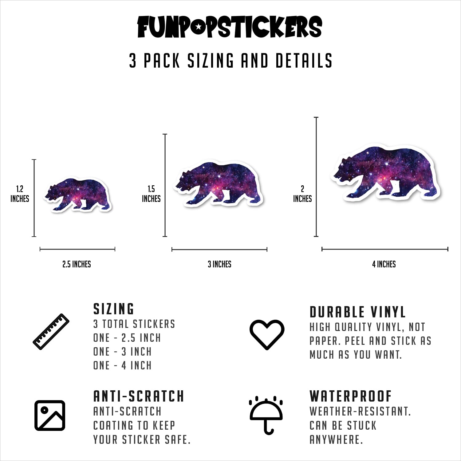 Bear Sticker Galaxy Stickers - 3 Pack (2.5, 3 & 4 Inch) Waterproof Vinyl Decals for Laptop, Phone, Water Bottle, Car - Perfect for School, Office & Travel Accessories