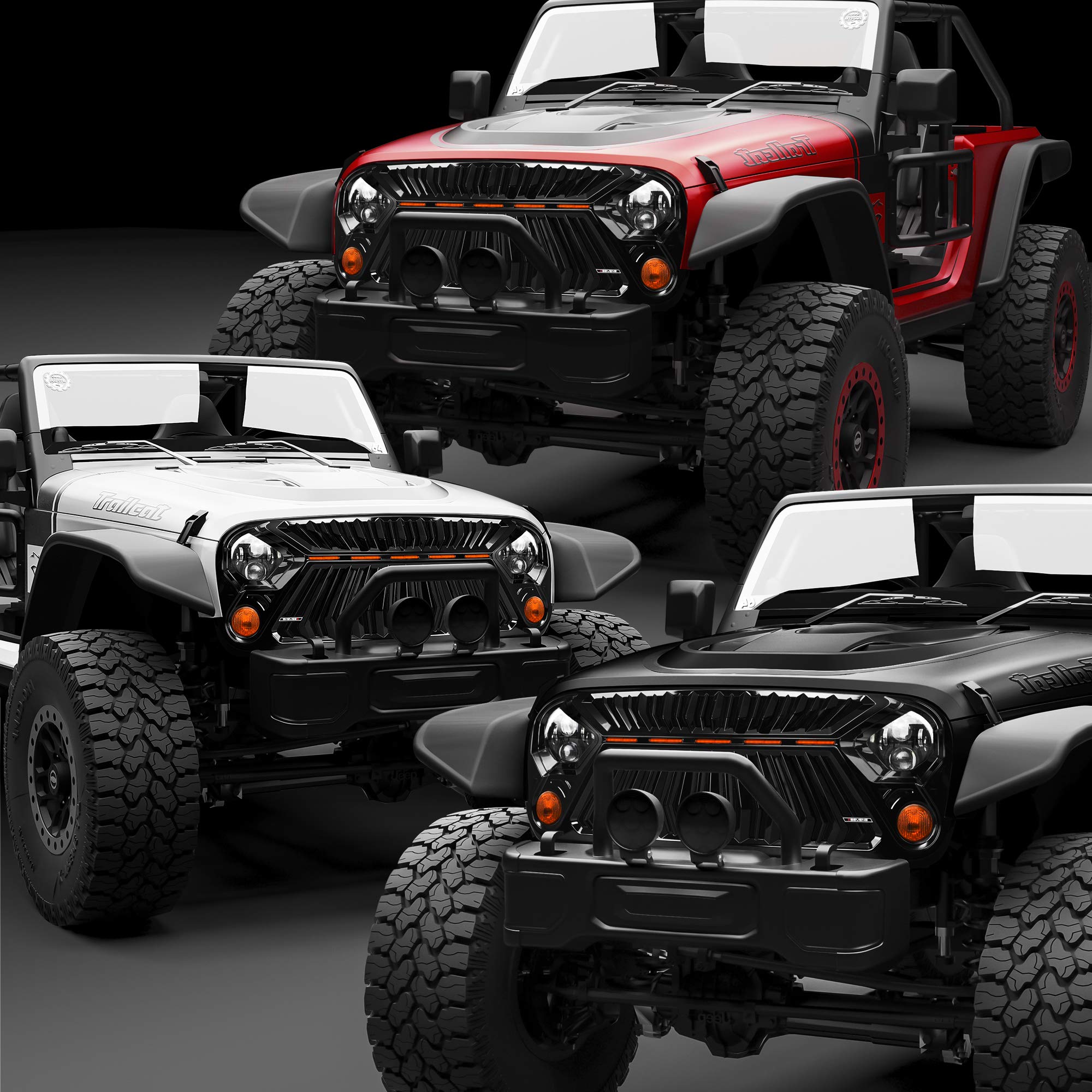 SEVEN SPARTA Jeep Wrangler JK/JKU Front Grill (2007-2018) - Thunderfury Style with 5 LED Grille Lights, Strip, Clips & Rivets - Gloss Black Paint | Off-Road Upgrade & Customization Accessory