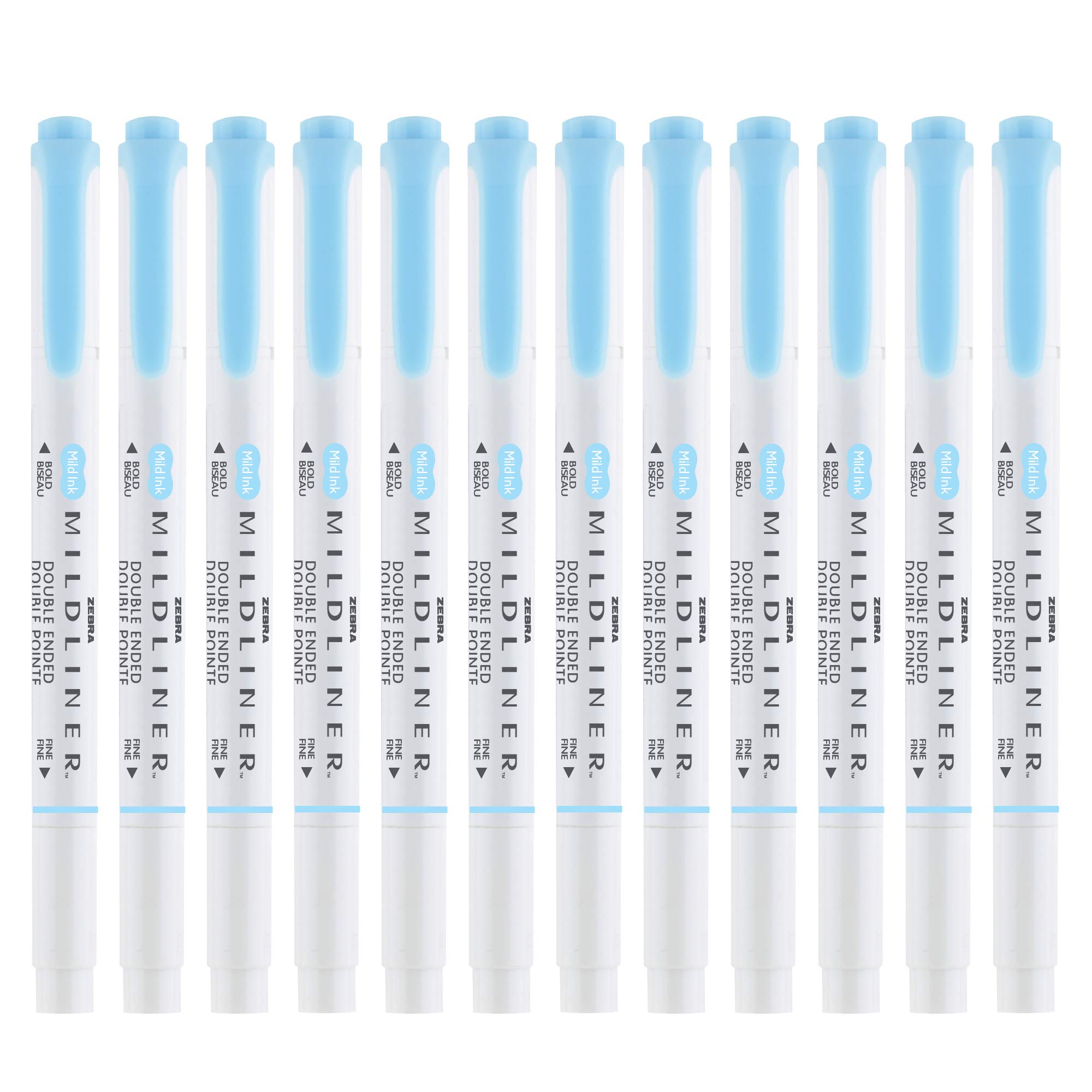 Zebra Pen Mildliner Double-Ended Highlighter Markers - Broad & Fine Tip Bible Study Highlighters, No Bleed Pastel Blue Ink, 12-Pack (78120upc) - Perfect for Note Taking, Journaling & Bible Study