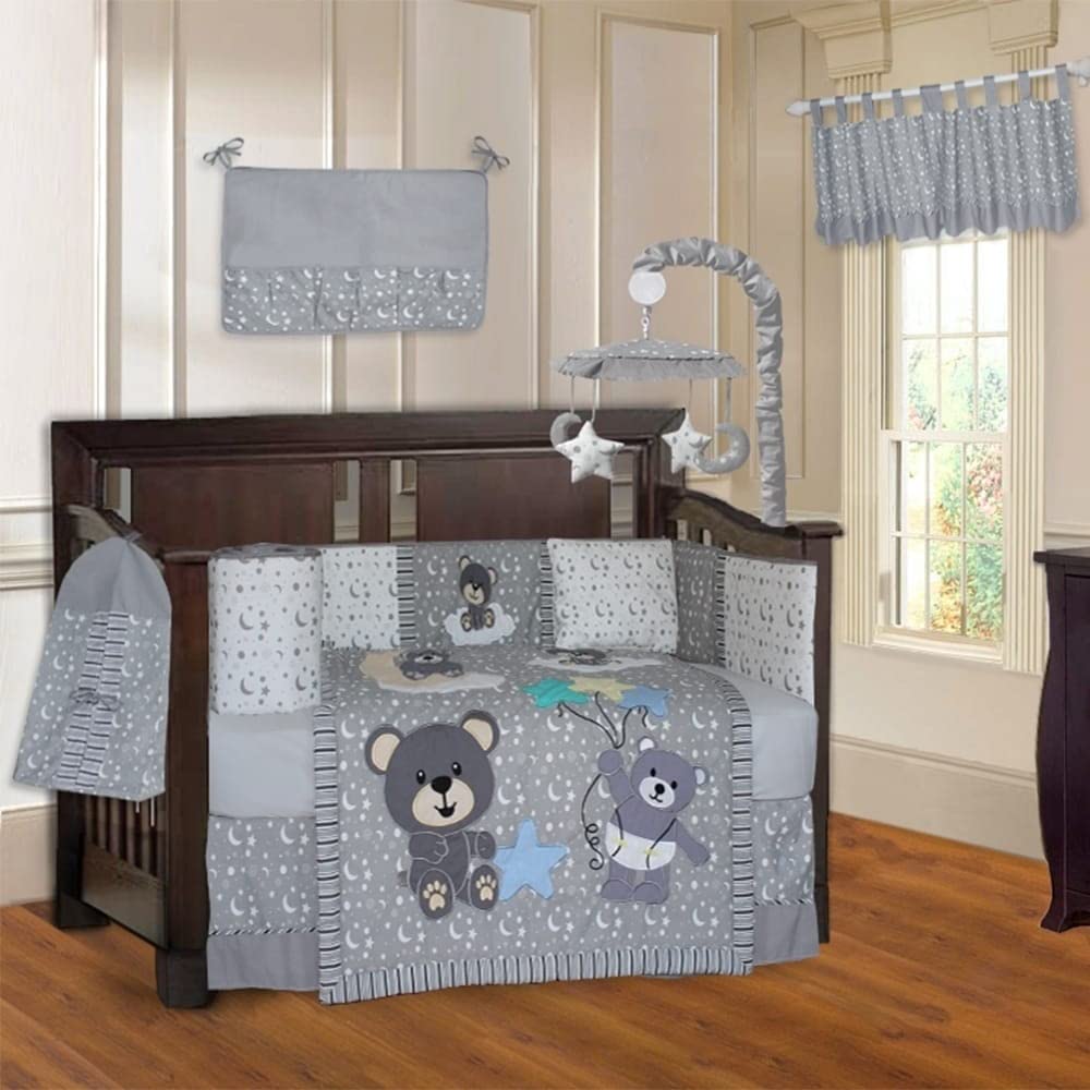 10-Piece Grey Teddy Bear Crib Bedding Set - Embroidered Neutral Cotton for Baby Nursery | Soft & Cozy Nursery Decor for Newborns & Infants