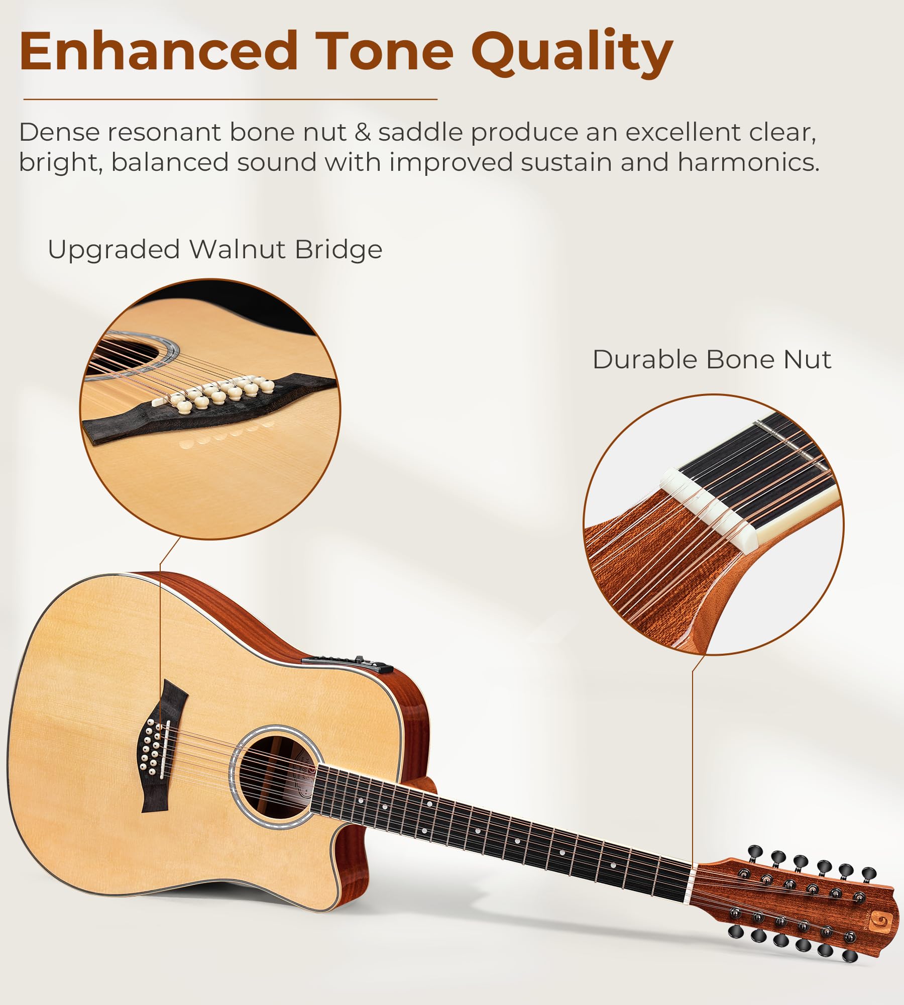 Vangoa 12 String Acoustic Electric Guitar - Spruce Top, Sapele Body, Bone Nut, Natural Gloss Finish | Perfect for Performances, Recording & Live Shows