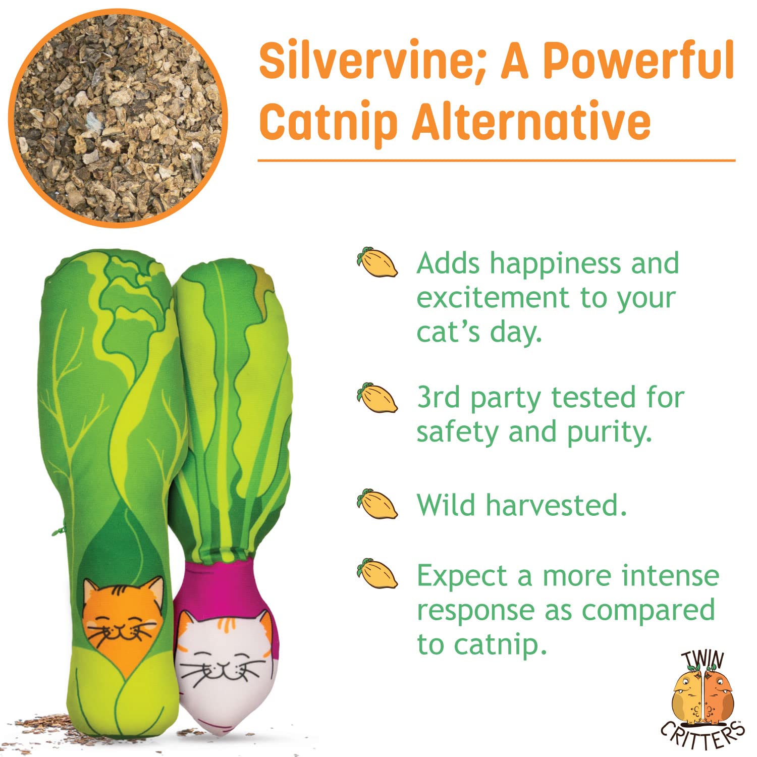 KittiVeggi 2-Pack Organic Silvervine Catnip Substitute Toys for Cats & Kittens | 100% Natural Wild Harvested Silvervine | Refillable Vegetable Plush Cat Toys | Great for Playtime, Training & Stress Relief