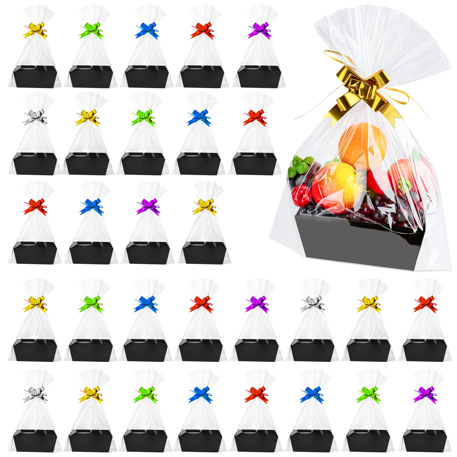 106 Pcs Gift Basket Set - 30 Empty Baskets with Handles, 40 Plastic Bags & 36 Multicolor Bows for Christmas, Thanksgiving, Wedding, Birthday Party Decorations (Black) - Perfect for Holiday Gifting, Party Favors & Corporate Events