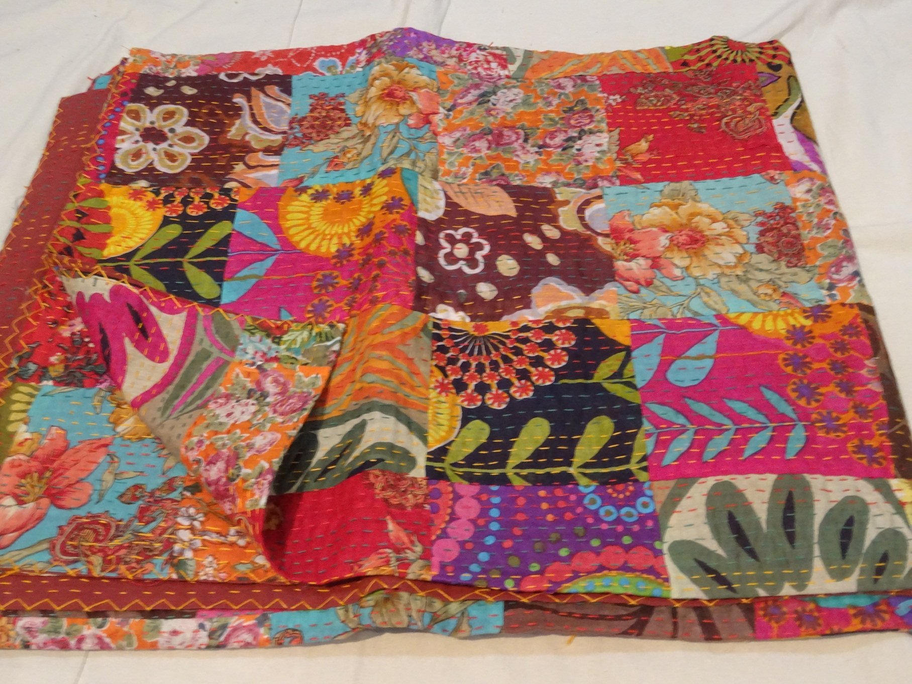 Handmade Tribal Asian Textiles Pure Cotton Queen Size Bedspread - Reversible Kantha Stitch Quilt & Indian Bed Cover - Perfect for Boho Chic Bedroom Decor, Guest Room Throw, or Cozy Living Room Accent