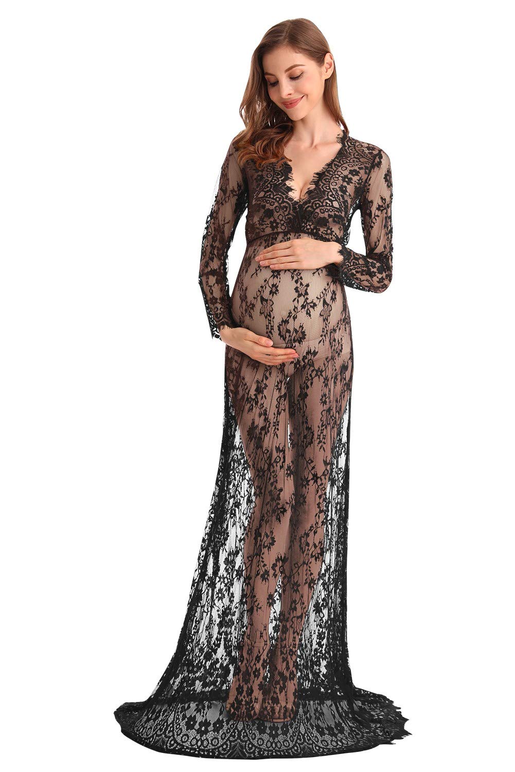 Elegant Boudoir Maternity Lace Dress - Long Sleeve Deep V-Neck Lingerie Gown for Milk Bath Photoshoots, Bridal Shower & Romantic Nights | Plus Size Nightgown & Nursing Robe for Pregnant Women
