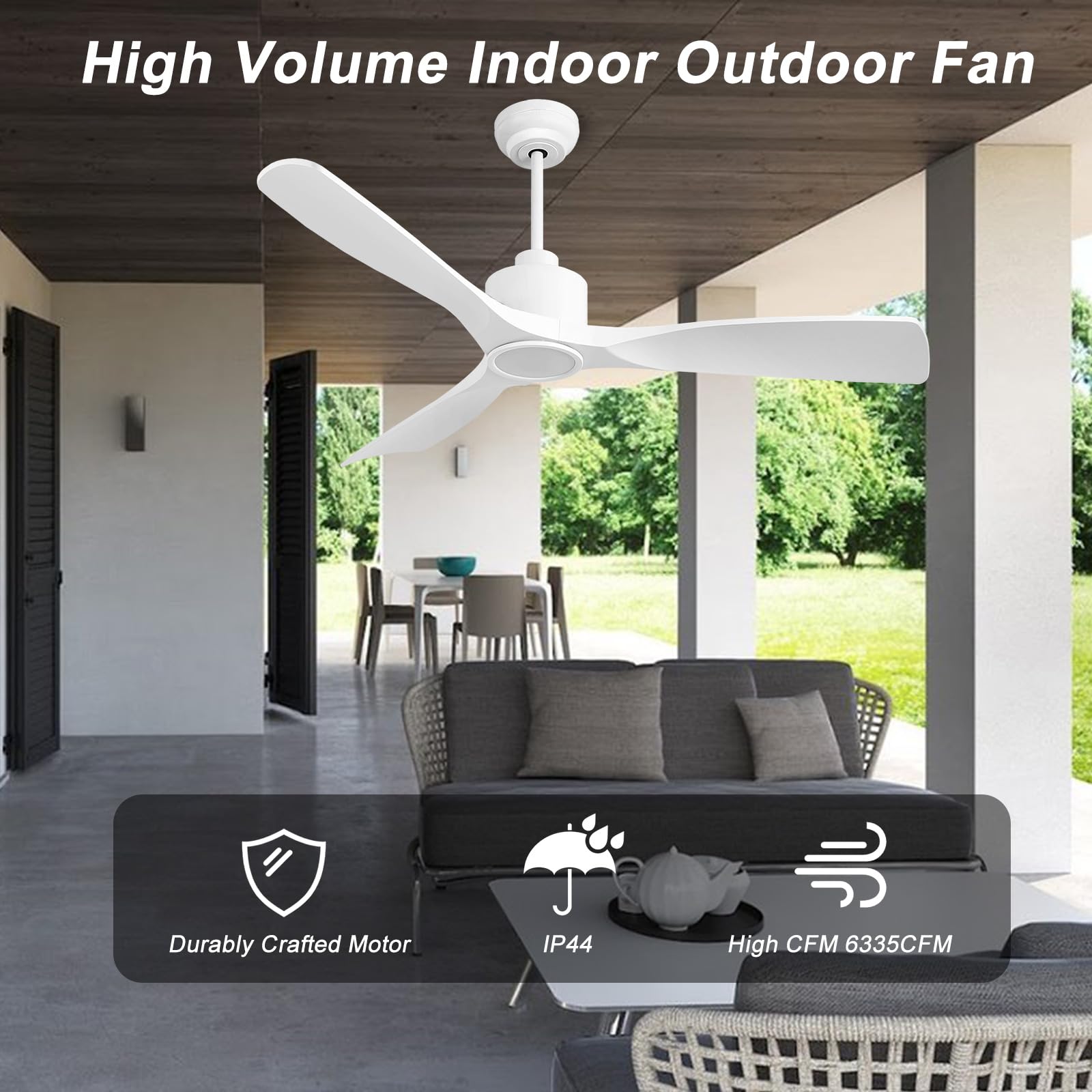 52 Inch Smart Ceiling Fan with Quiet DC Motor - 3 Blade High CFM Indoor/Outdoor Modern White Ceiling Fan with Remote Control & LED Light - Perfect for Bedroom, Living Room, Patio and Covered Porch