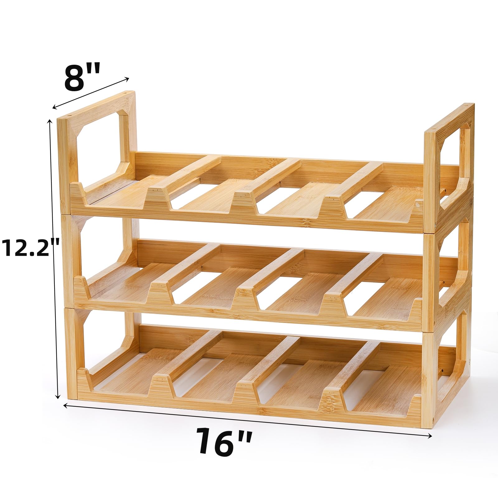 3 Tier Stackable Bamboo Water Bottle Organizer - Space Saving Tumbler & Wine Bottle Storage Rack for Kitchen Cabinet - Holds 12 Bottles - Perfect for Organizing Cups, Tumblers & Wine Bottles in Home or Office