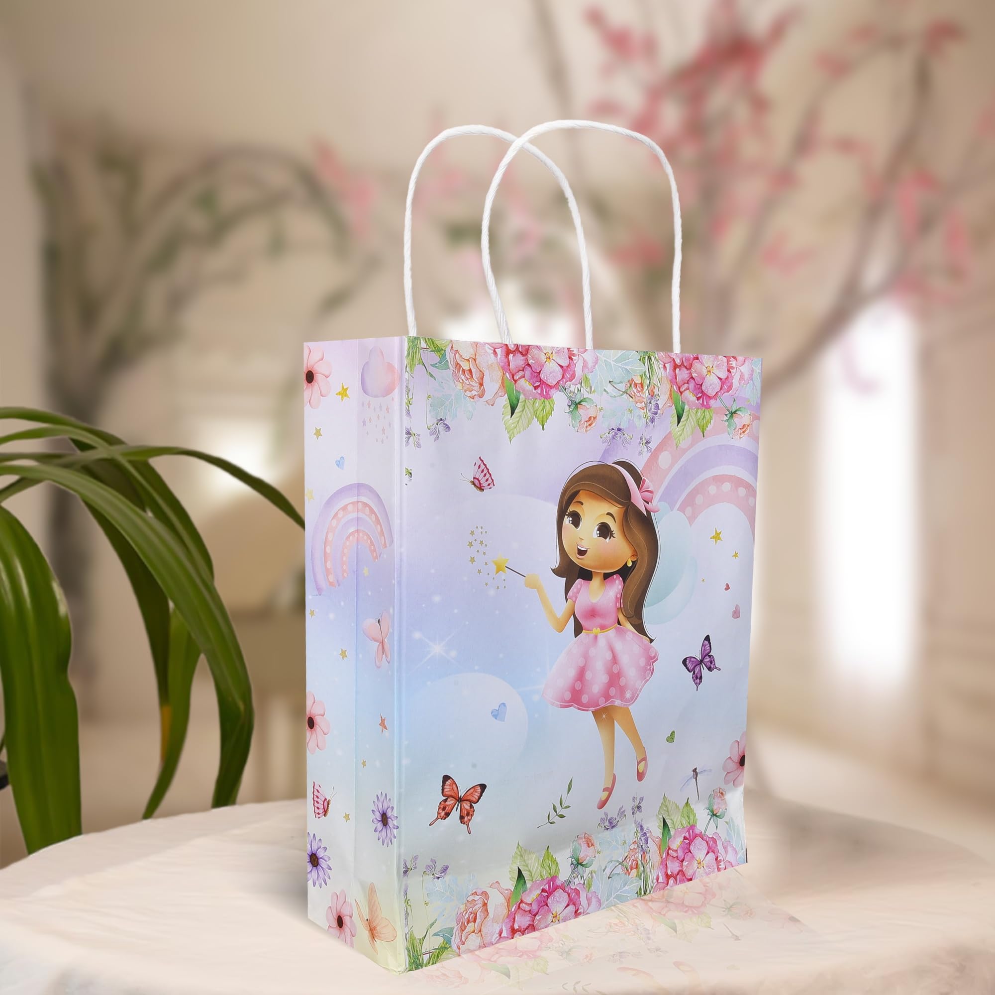 Prakruthi Pulp Art Fairy Theme Gift Paper Bags with Floral Butterfly Design - 8x10x3 Inches (Pack of 10) - Colorful Party Favor Bags for Kids Birthday, Baby Shower, Wedding Favors & Return Gifts | Perfect for Birthday Party Decorations, Baby Shower Favors & Special Occasion Gift Packaging