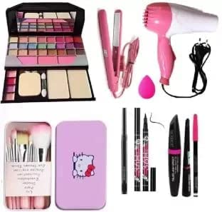 JAAYANSHA TYA 6155 Professional 36H Makeup Kit with 7 Pink Brushes, 3-in-1 Eyeliner Mascara Eyebrow Pencil, Kajal, Pink Blender & Hair Styling Set (16-Piece) - Perfect for Bridal, Party & Everyday Makeup Looks