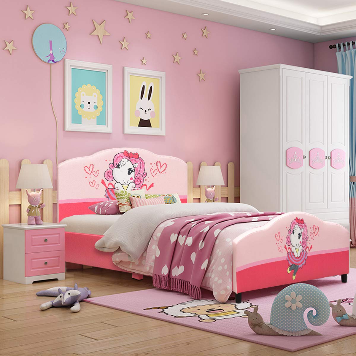 Costzon Twin Bed Frame for Kids - Wooden Upholstered Platform Bed with Slat Support, Padded Headboard & Footboard - No Box Spring Needed - Easy Assembly - Fits Standard Twin Mattress - Perfect for Little Girls' Bedrooms, Playrooms & Sleepovers