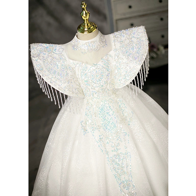 Elegant White Princess Mock Neck Floor-Length Polyester Flower Girl Dress for Weddings & Special Occasions