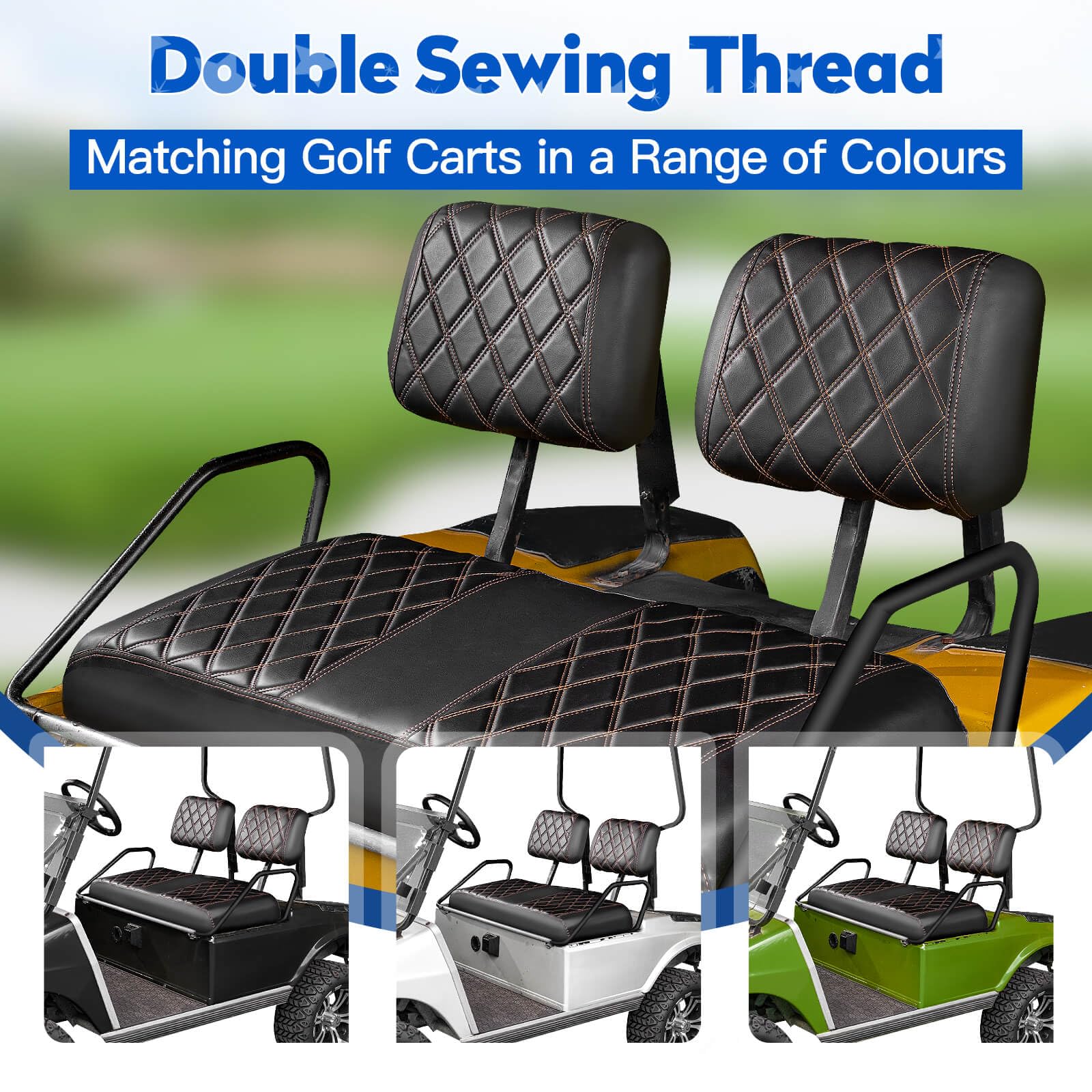Premium Golf Cart Diamond Seat Covers Kit - Universal Fit for Club Car DS Pre-2000 Models | No Nails Required Vinyl Seat Covers with Black & Brown Stitching | Perfect for Golf Course Rides, Outdoor Events & Custom Cart Upgrades