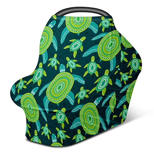 Green Turtle Baby Car Seat Cover & Nursing Scarf - Soft, Breathable, Stretchy Infant Canopy for Strollers & Car Seats - Multi-Use Breastfeeding Cover for Boys & Girls - Perfect for Travel, Shopping & Outdoor Activities