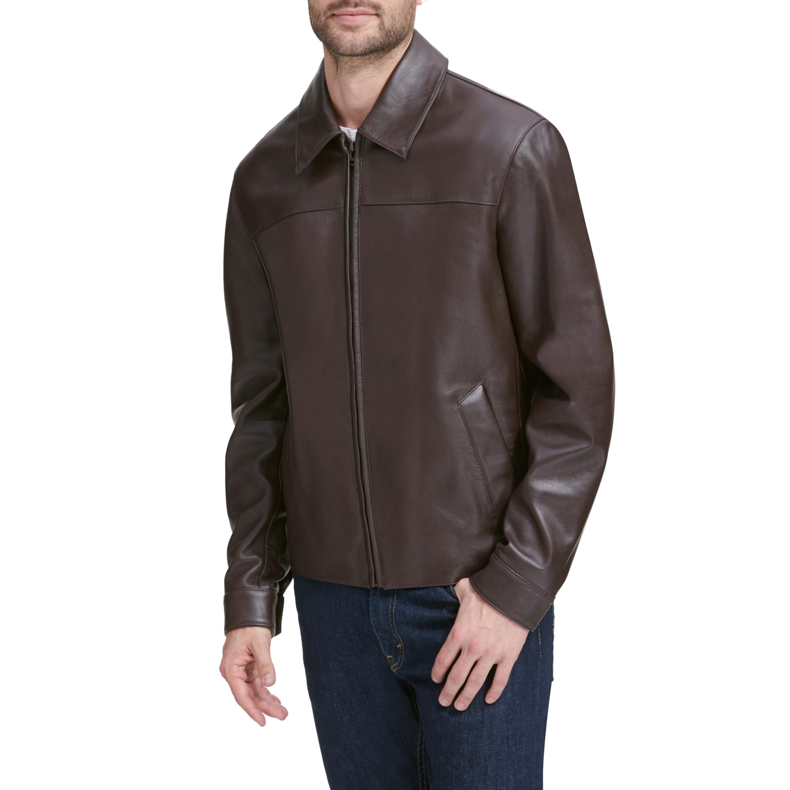 Cole Haan Signature Men's Smooth Lamb Leather Jacket - Dark Brown, Size Small | Premium Shirt Collar Design for Business Casual & Night Out | Perfect for Office Wear, Date Night & Fall Fashion