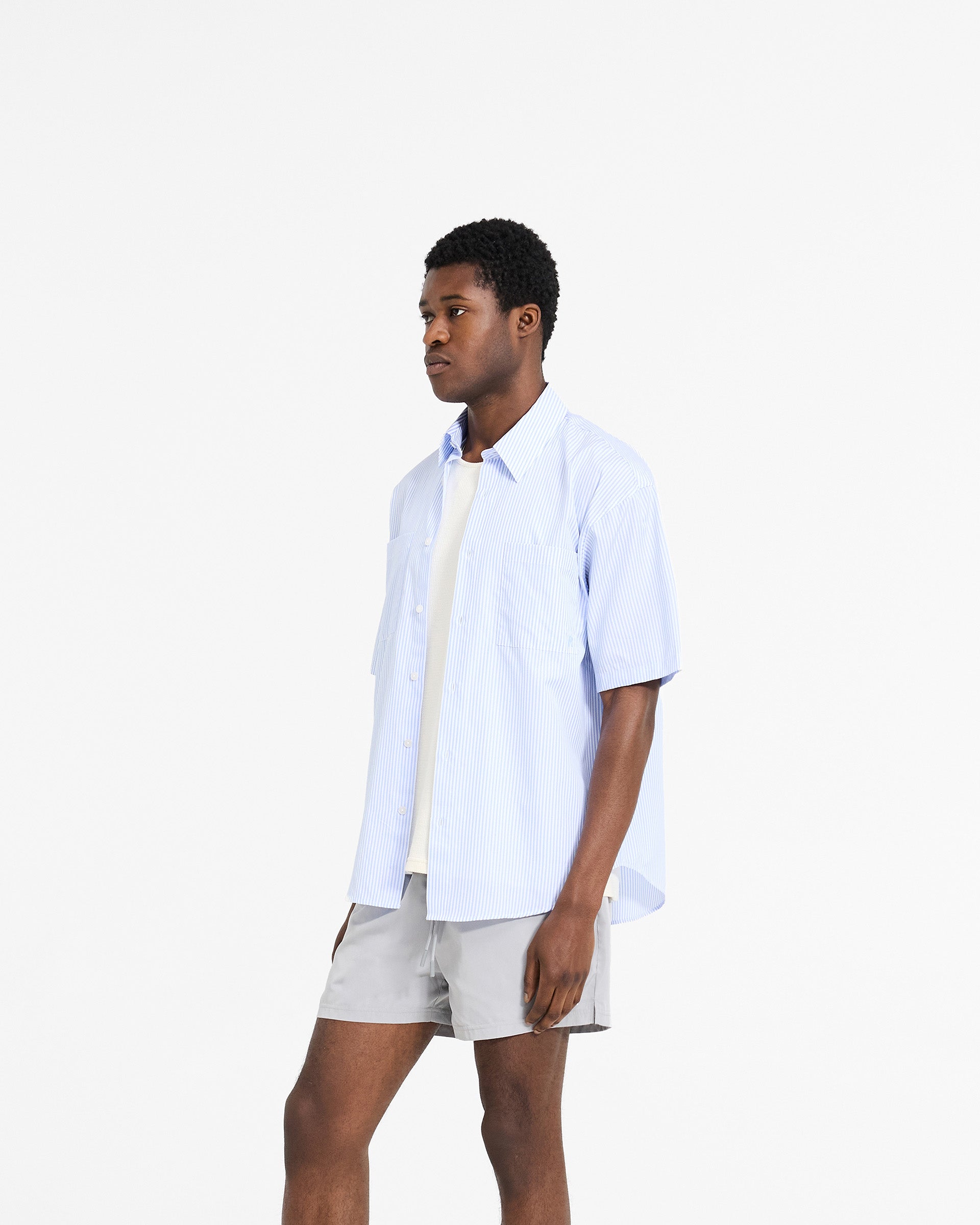 Baby Blue Short Sleeve Pinstripe Shirt for Men - Casual Business Office Wear & Summer Outfits