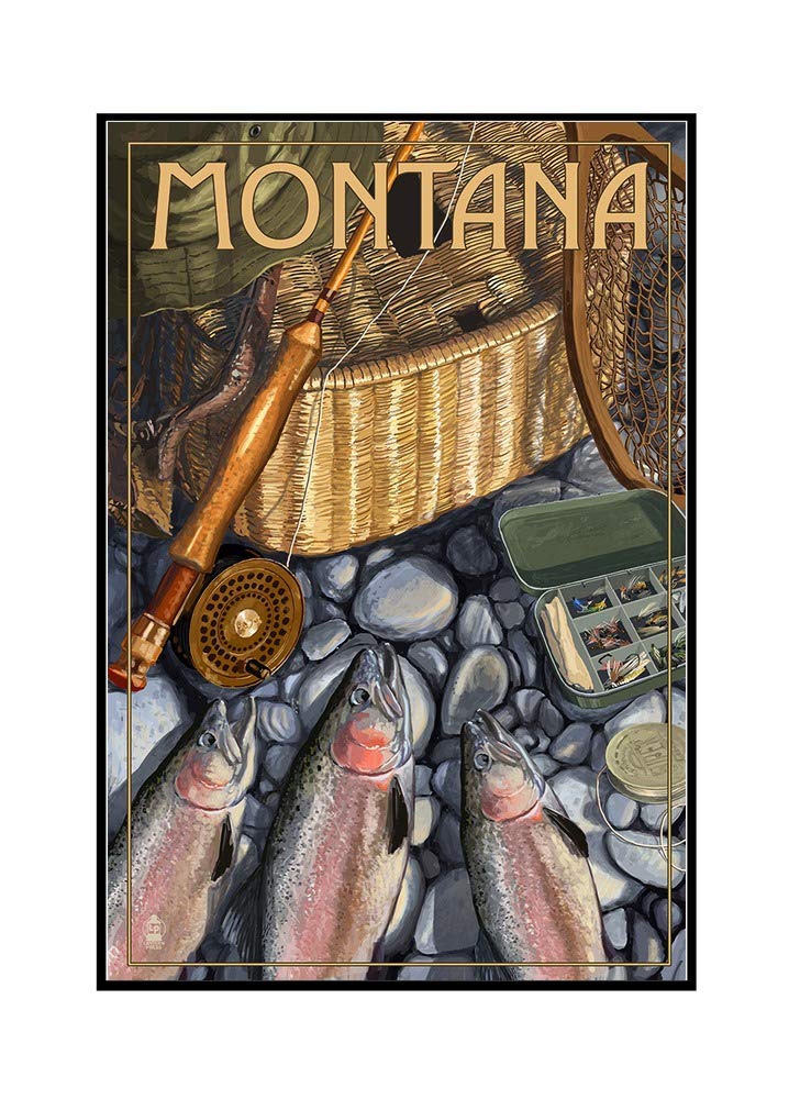 Montana Fishing Still Life Art Print - 24x36 Inch Framed Gallery Wrapped Canvas Wall Decor - Perfect for Living Room, Office or Cabin Decor