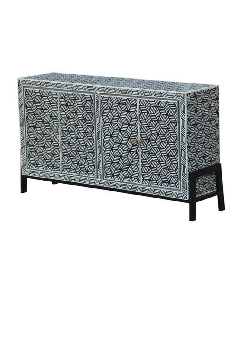 Handmade Bone Inlay Buffet Table with Geometric Pattern - 4 Door Sideboard Cabinet for Dining Room, Living Room & Entryway Storage