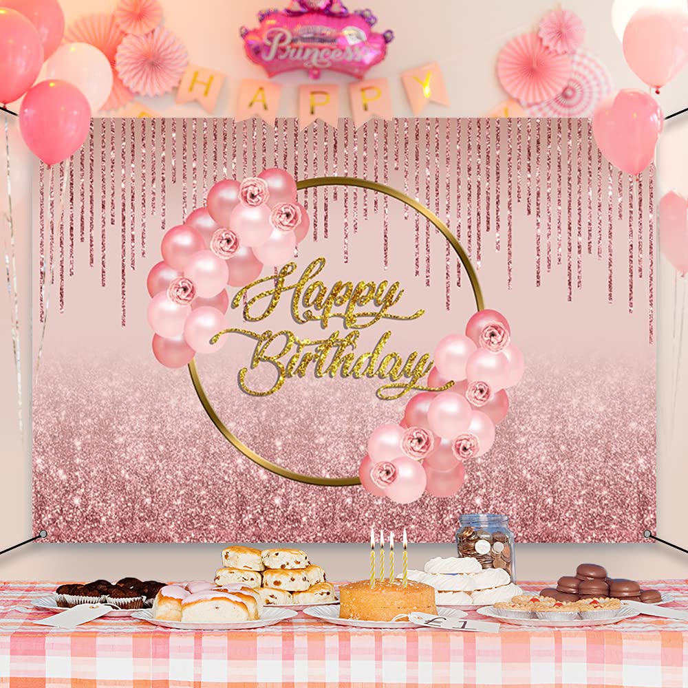 Rose Gold Glitter Birthday Banner - 6x3.6ft Polyester Happy Birthday Backdrop for Women's Party Decor, Rose Gold Sign Poster for Birthday Celebrations | Perfect for Birthday Parties, Baby Showers & Anniversary Decorations
