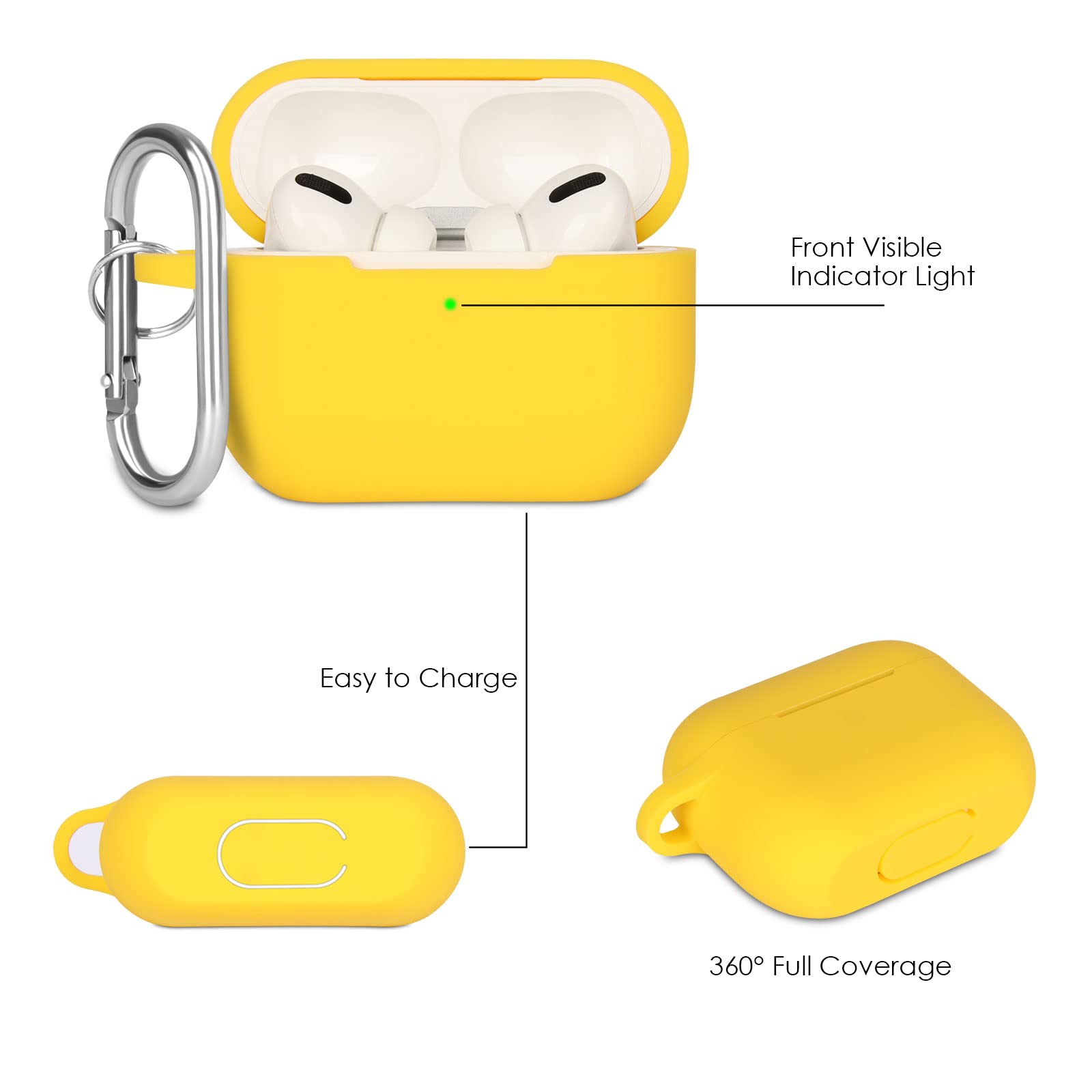 Premium Shock-Absorbing Silicone Case for AirPods Pro (2019/2021/2023) - Soft Protective Cover with Carabiner Clip & Visible LED Light - Yellow - Perfect for Gym, Travel & Everyday Use