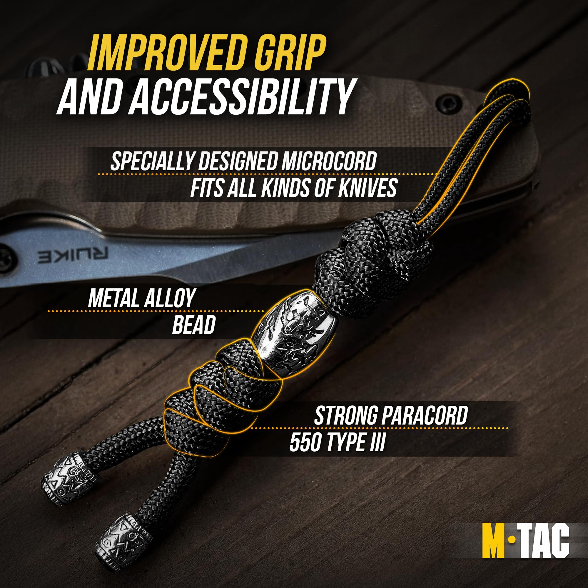 M-Tac Tactical Paracord Knife Lanyard with Beads - Zeus Stainless Steel Black - Survival Gear for Outdoor Camping, Hiking & EDC Accessories