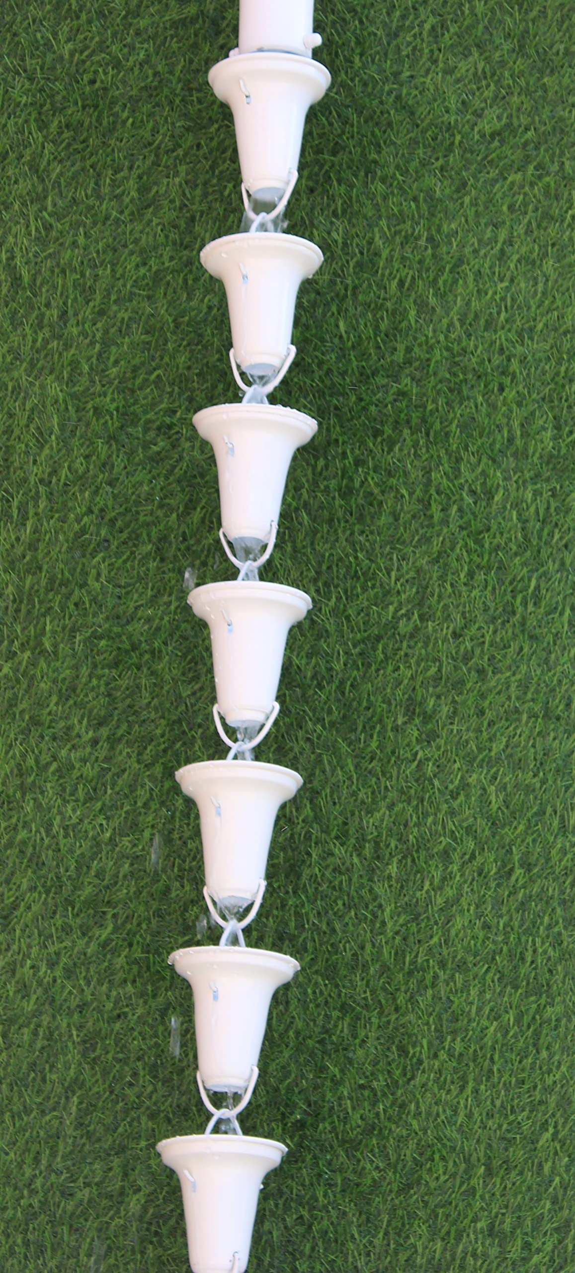 KAM Home Flared Cups Rain Chain with Brass Bolt Gutter Adapter - 10 Pack White Decorative Rainwater Diverter for Garden, Patio & Downspout Drainage System