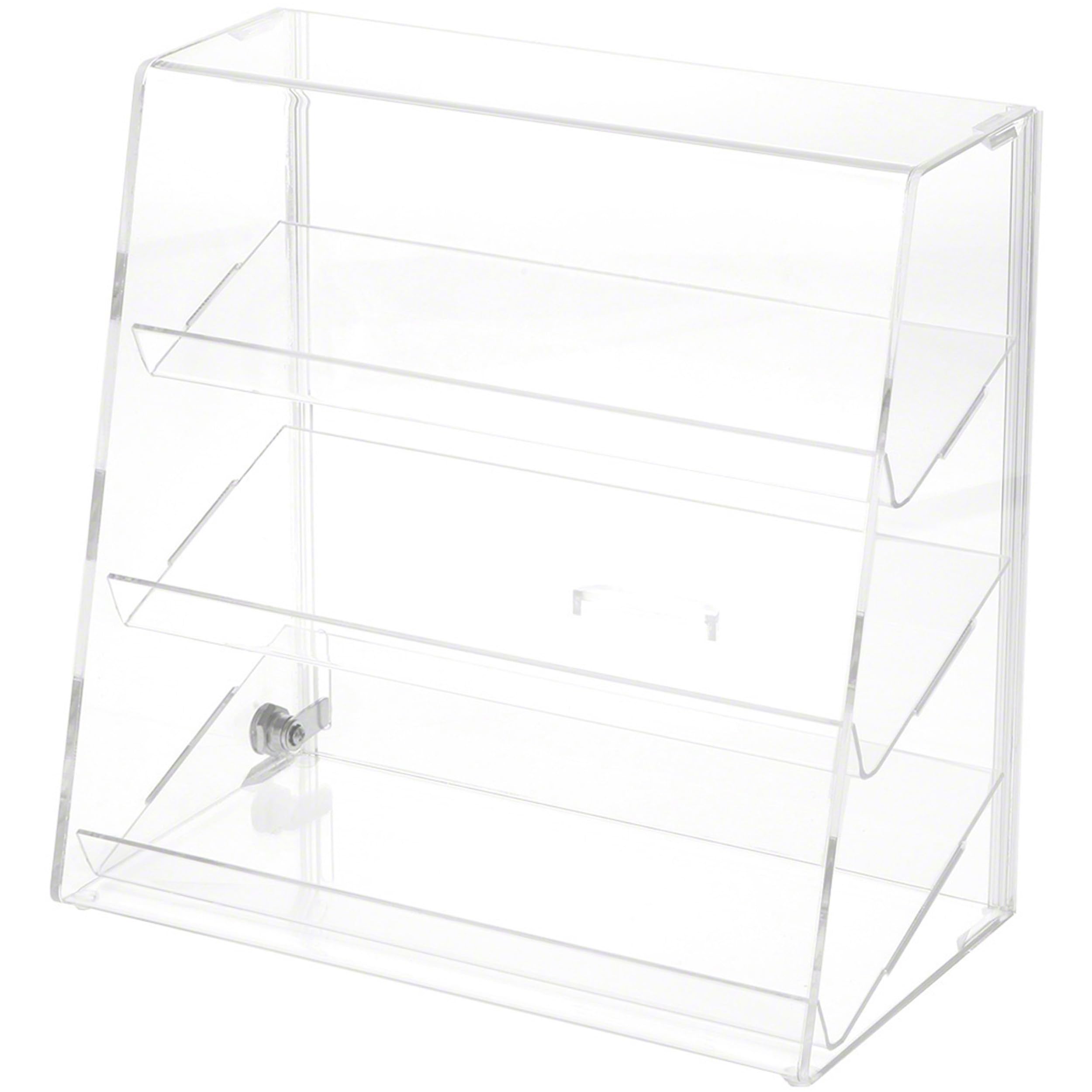 **Plymor Clear Acrylic Locking Display Case with Slanted Front & Sliding Back - 3 Angled Shelves - 13.75