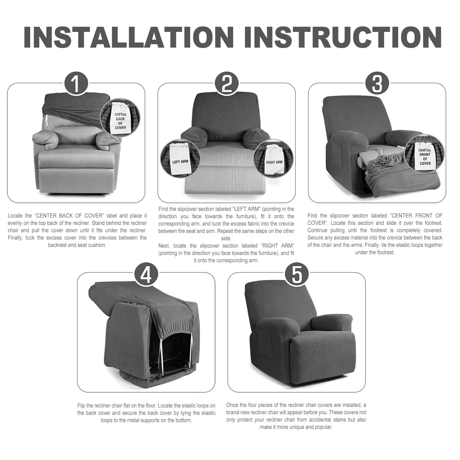 Premium Velvet Recliner Cover Set of 4 - Stretchable Slipcover with Elastic Straps for Lazy Boy & Reclining Chairs, Soft Sofa Protector in Black - Perfect for Living Room, Home Theater & Lounge Furniture Protection