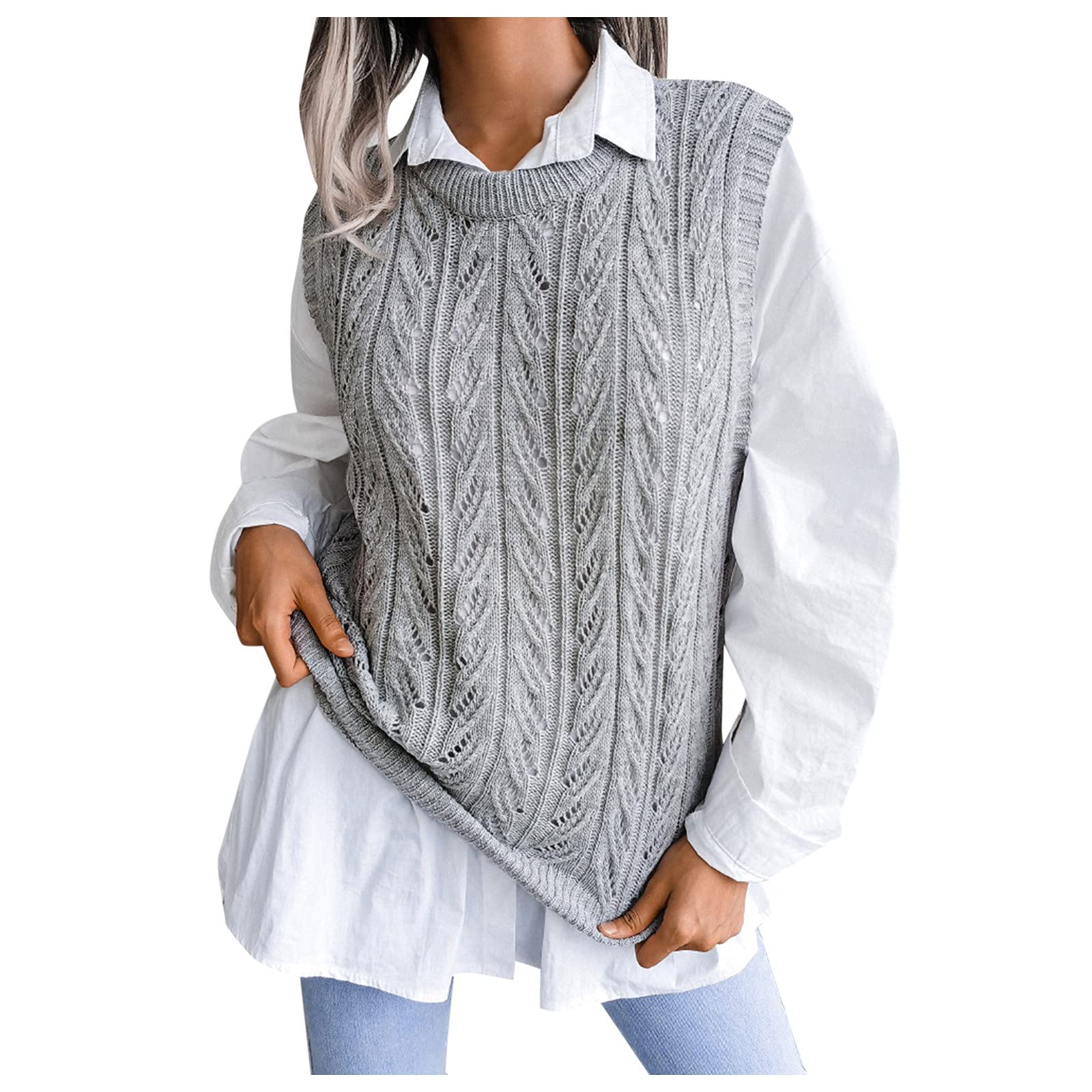 Stylish NEEKEY Women's Solid Color Knit Sweater Vest - Retro Geometric Pattern Round Neck Pullover for Fall & Winter | Perfect for Office Wear, Casual Outfits and Layering