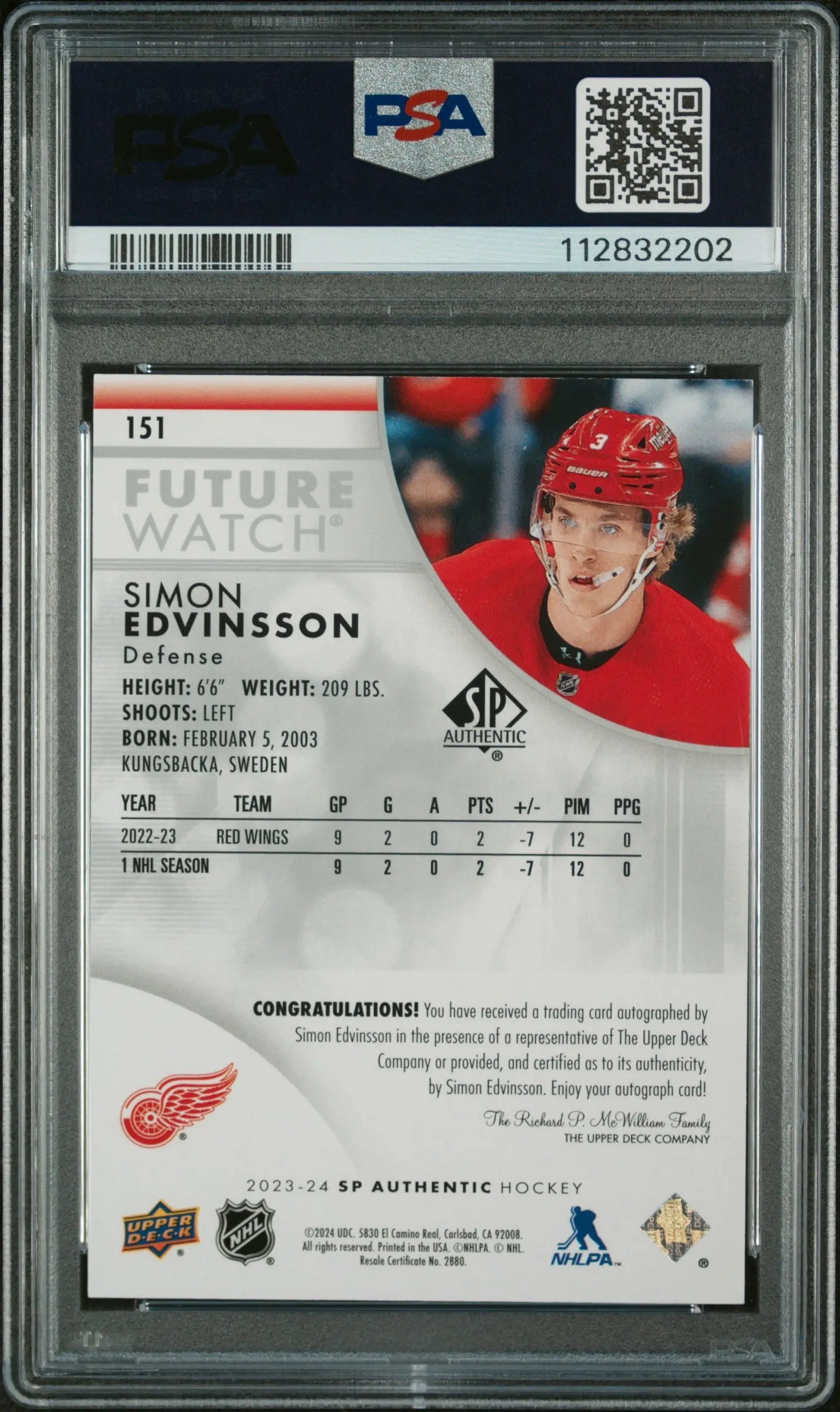 2023 UD SP Authentic Simon Edvinsson Future Watch Auto RC Autograph PSA 9 /999 - Hockey Rookie Card for Collectors & Investors - Perfect for Trading, Display Cases & Memorabilia Collections