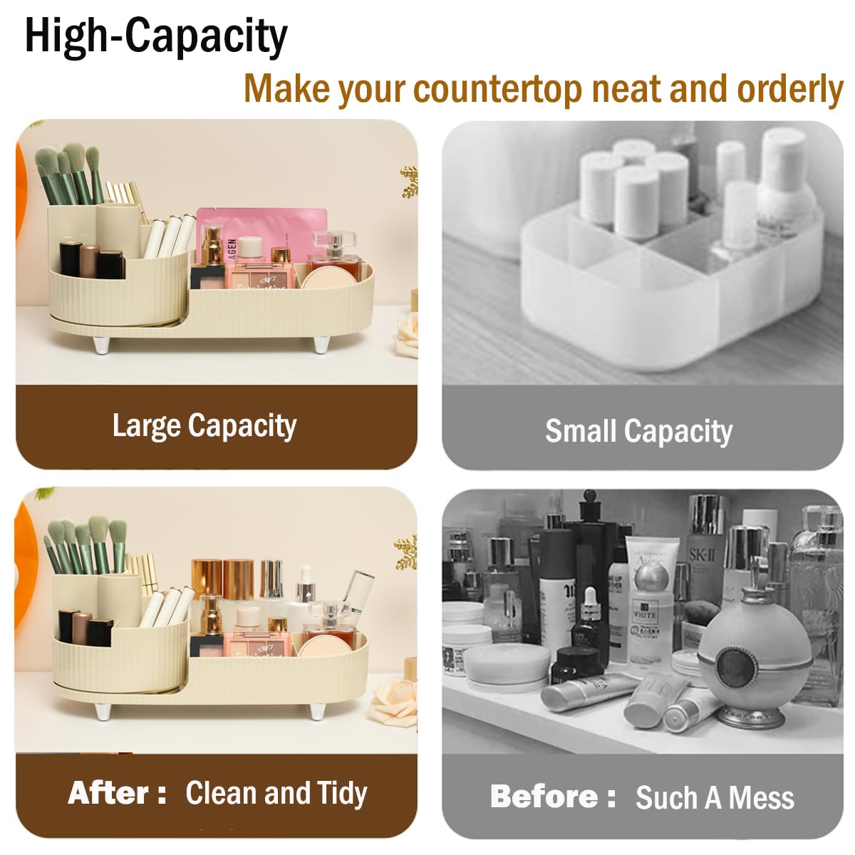 Rotating Makeup Organizer with Large Capacity & Brush Holder - Cream Vanity Cosmetic Display Case for Countertop | Perfect for Makeup Storage, Beauty Salon & Home Organization