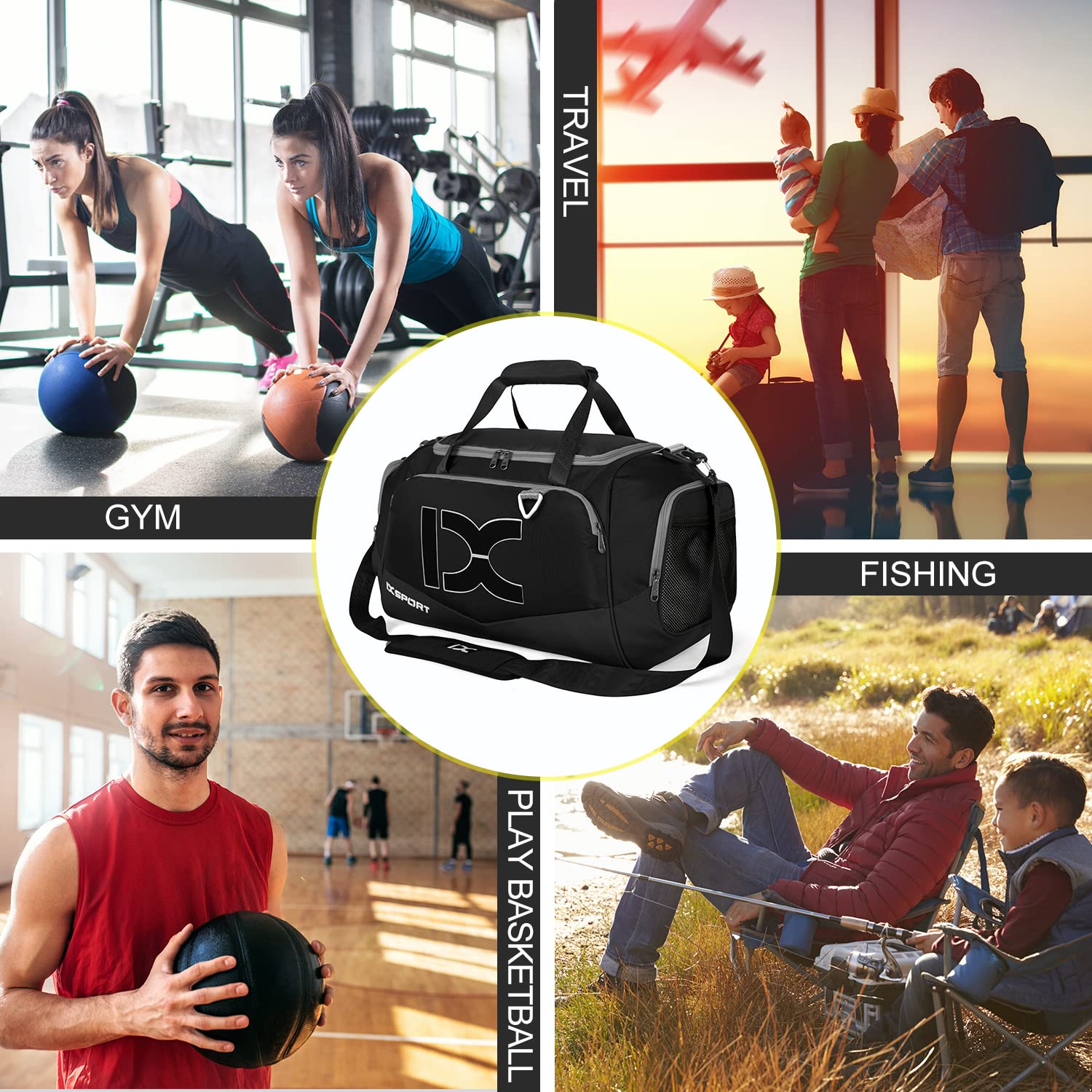 **INOXTO 40L/55L Waterproof Gym Bag for Men & Women - Sports Duffel with Wet/Dry Pocket & Shoe Compartment - Ideal for Fitness, Swimming, Travel & Workout (Black/White, 40L)**