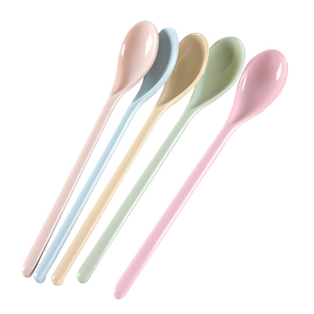 5-Piece Long Handle Melamine Spoons - Colorful Coffee & Cocktail Stirring Spoons, Yogurt Mixing Teaspoons for Ice Cream, Milk, and Beverages - Perfect for Home, Cafe, and Party Use