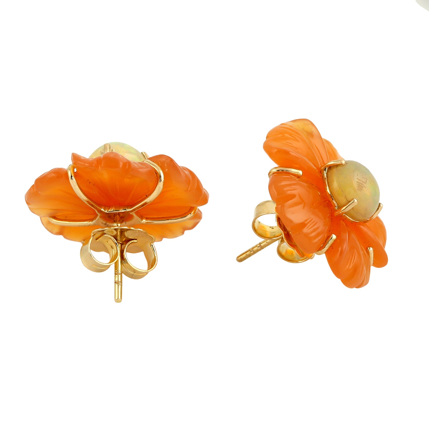 18K Yellow Gold Ethiopian Opal Flower Earrings - Handcrafted Mix Stone Round Gemstone Jewelry for Women | Perfect for Weddings, Parties & Special Occasions