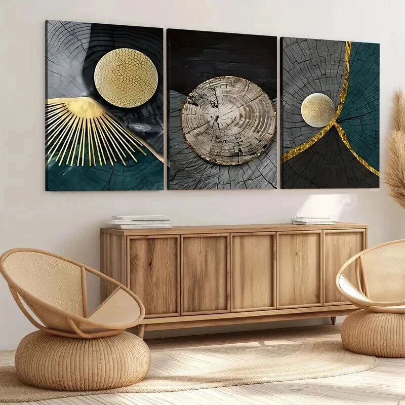 3-Piece Abstract Tree Rings Wall Art Set - Modern Golden Blue Canvas Painting 40x60cm Framed | High Quality Print | 100% Australian Made | Ready to Hang | Perfect for Living Room, Bedroom & Office Decor