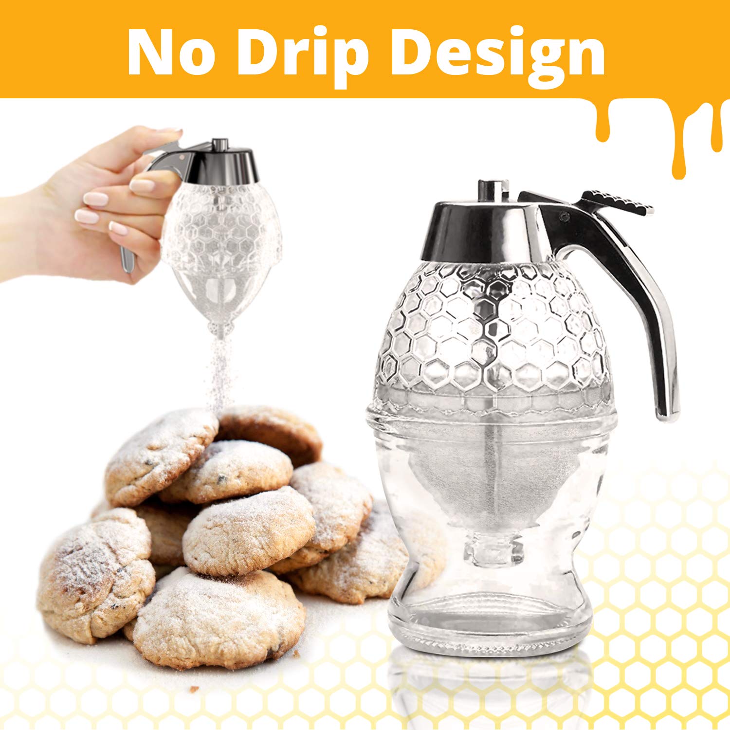 Premium No Drip Glass Honey Dispenser with Stand - 8oz Clear Honey Jar with Dipper & Flip Top Lid - Perfect for Maple Syrup, Tea, Coffee & Breakfast Table - Leakproof Honey Pot for Kitchen & Dining Room