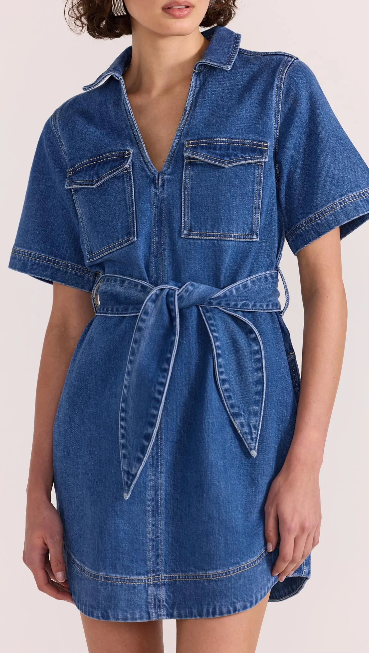 Brooks Women's Mid Blue Denim Short Sleeve Mini Dress - Casual Summer Outfit for Beach, Party & Date Night
