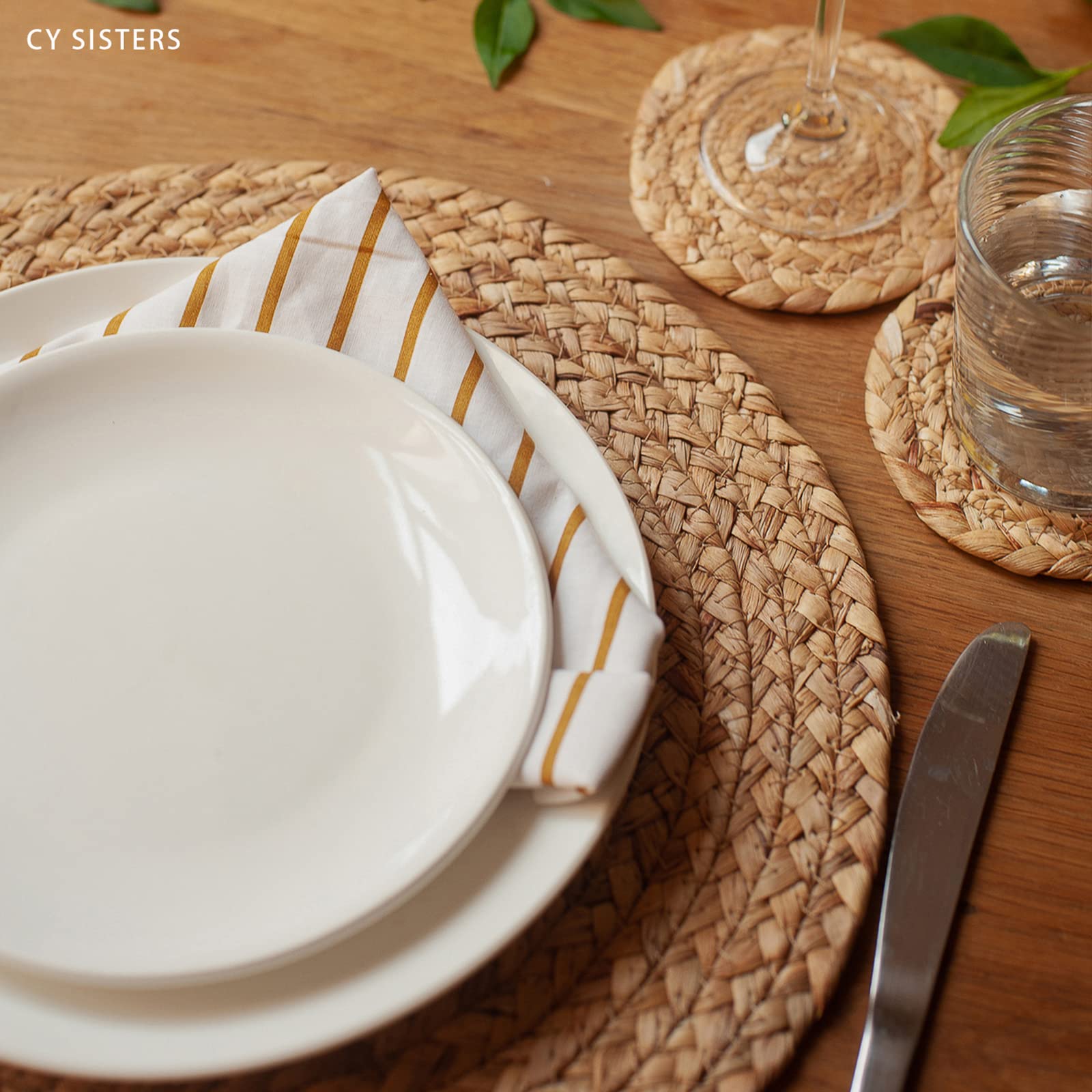 Natural Water Hyacinth Woven Round Placemats Set of 8 with Coasters - 13.4