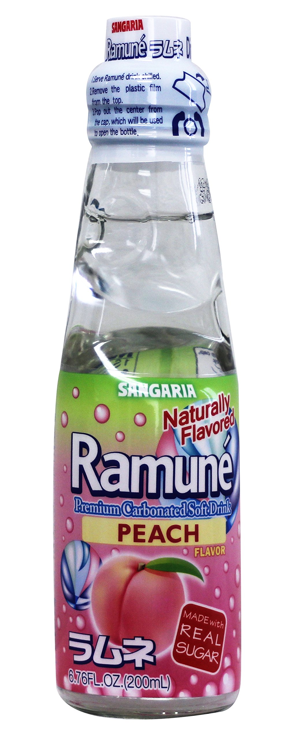 Sangaria Ramune Japanese Soda - Peach Flavor, 6.76oz (6-Pack) | Refreshing Carbonated Drink for Parties, BBQs & Asian Cuisine Pairing