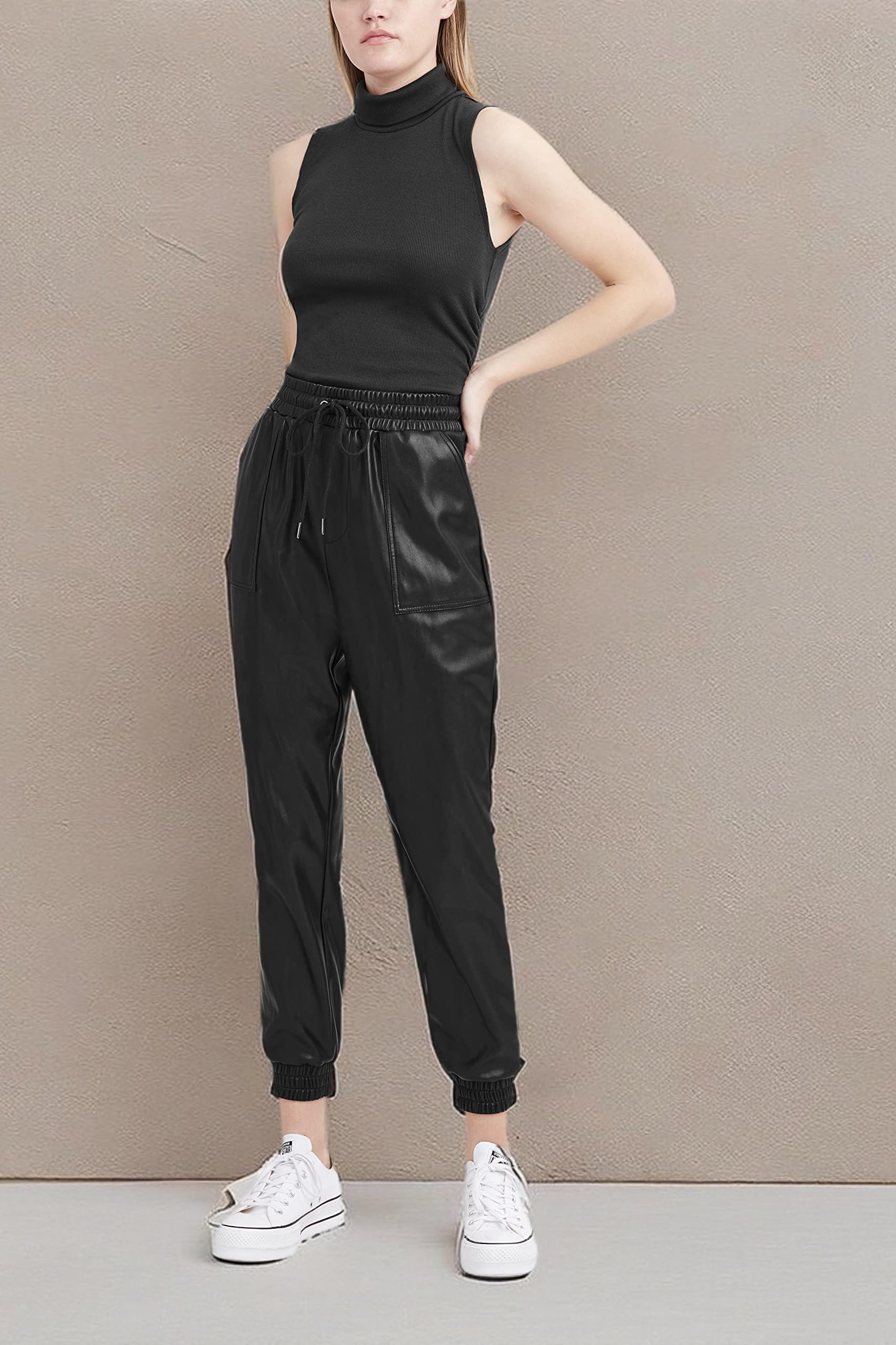 BCBGeneration Women's Faux Leather Joggers with Drawstring Waist - Stylish Comfort Pants for Casual Wear, Running Errands & Lounge Outfits