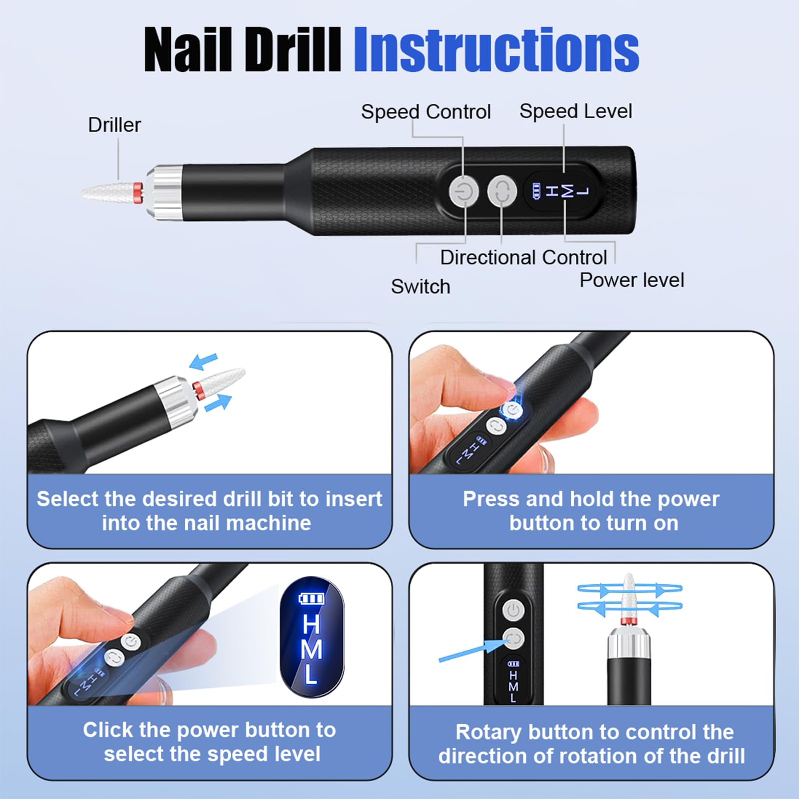 Professional Electric Nail Drill Kit - Portable Manicure & Pedicure Machine with 10 Attachments & 10 Sanding Bands for Acrylic, Gel Nails & Thick Toenails - Perfect for Home Salon & Nail Art Enthusiasts (Black)