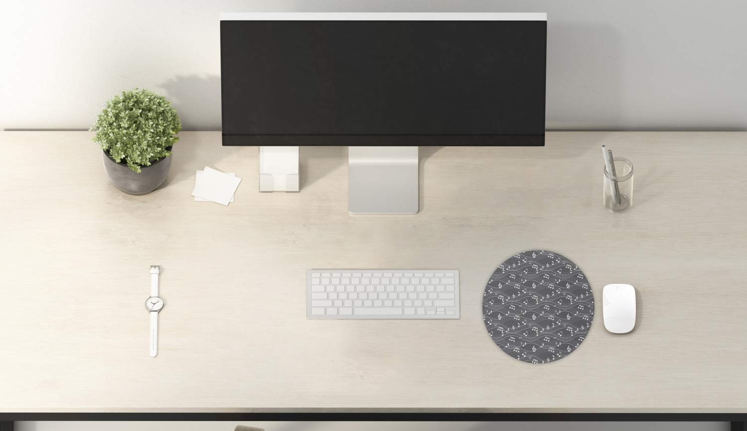 Ambesonne Music Themed Round Mouse Pad - Non-Slip Rubber Gaming Mousepad with Abstract Wavy Stripes & Musical Notes Design, 8 Inch, Dimgray & White - Perfect for Computer Workstations, Gaming Setups & Music Lovers