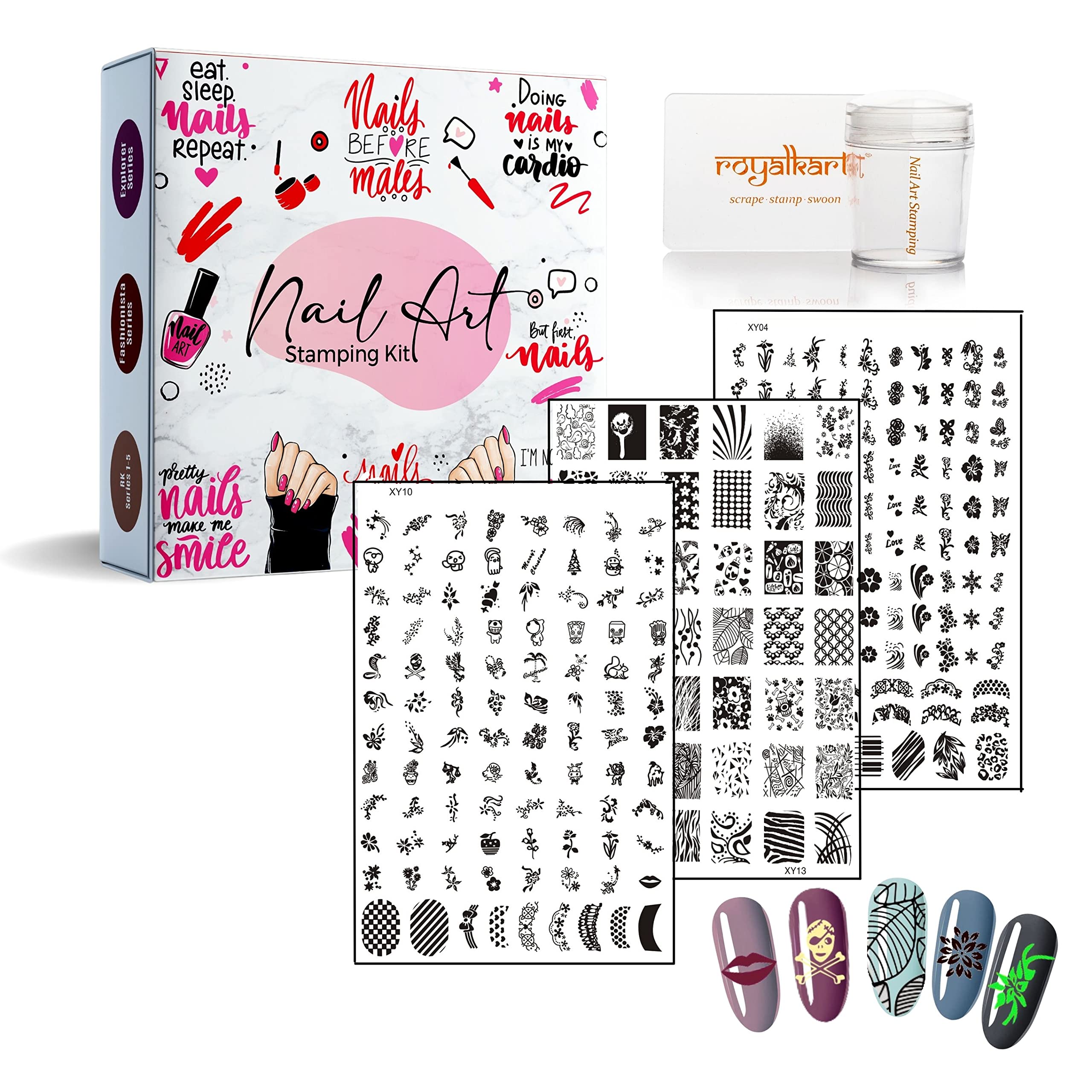 RoyalKart Nail Art Kit for Women & Girls - 3 Nail Stamping Plates (XY04, XY13, XY10) with Stamper & Scraper - Professional Nail Art Accessories for Salon, Home Manicure & DIY Nail Designs