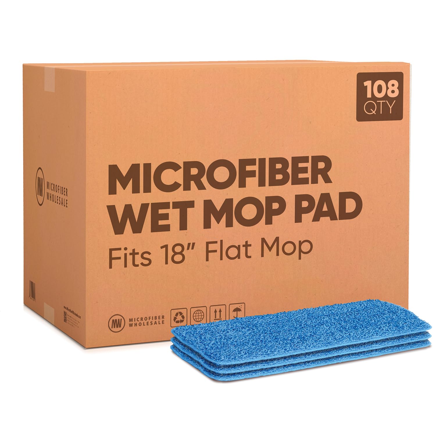 Bulk 18 Inch Microfiber Wet Mop Pads - 108 Count Case for Wholesale | Compatible with All Velcro Mop Frames | Machine Washable & Reusable | Perfect for Commercial Cleaning, Janitorial Services & Home Use