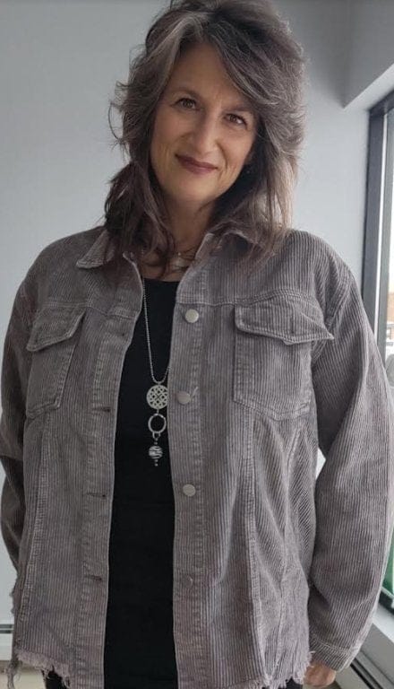 Michelle Mae Grey Distressed Hem Corduroy Jacket for Women - Vintage Style Fall Fashion Outerwear for Casual Wear and Layering