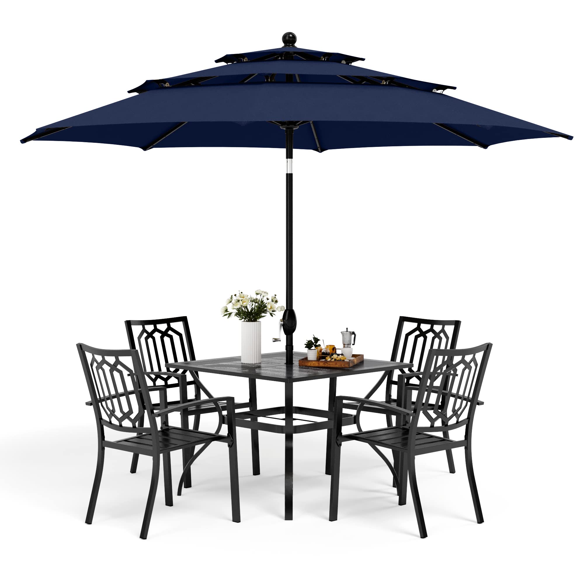 MFSTUDIO 6-Piece Outdoor Patio Dining Set with 10 ft Navy Umbrella - Round Metal Table, 4 Stackable Chairs & Steel Frame for Backyard, Garden, Poolside Dining and Outdoor Entertaining
