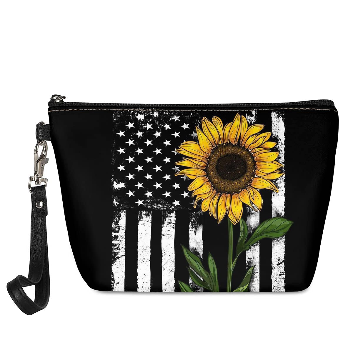INSTANTARTS Retro American Flag Cosmetic Bag Organizer - PU Leather Makeup Pouch & Toiletry Case with Zipper - Portable USA Flag Sunflower Design for Travel, Gym, and Daily Use