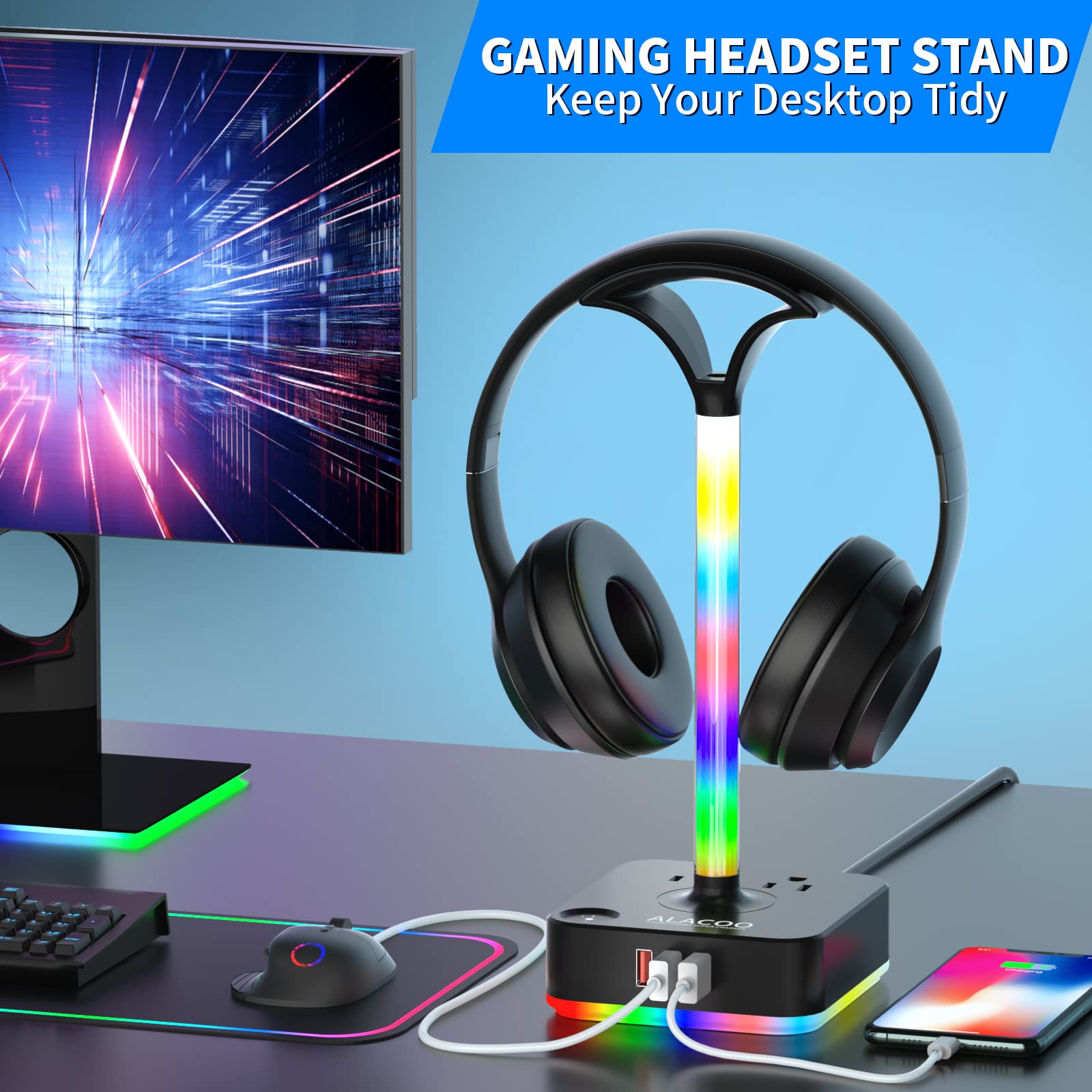 RGB Gaming Headphone Stand with USB Charger & AC Outlet - 3-Port USB Hub, 8 Color LED Modes, Universal Headset Holder for PC, PS5, Xbox - Perfect for Gaming Setup, Home Office & Desk Organization