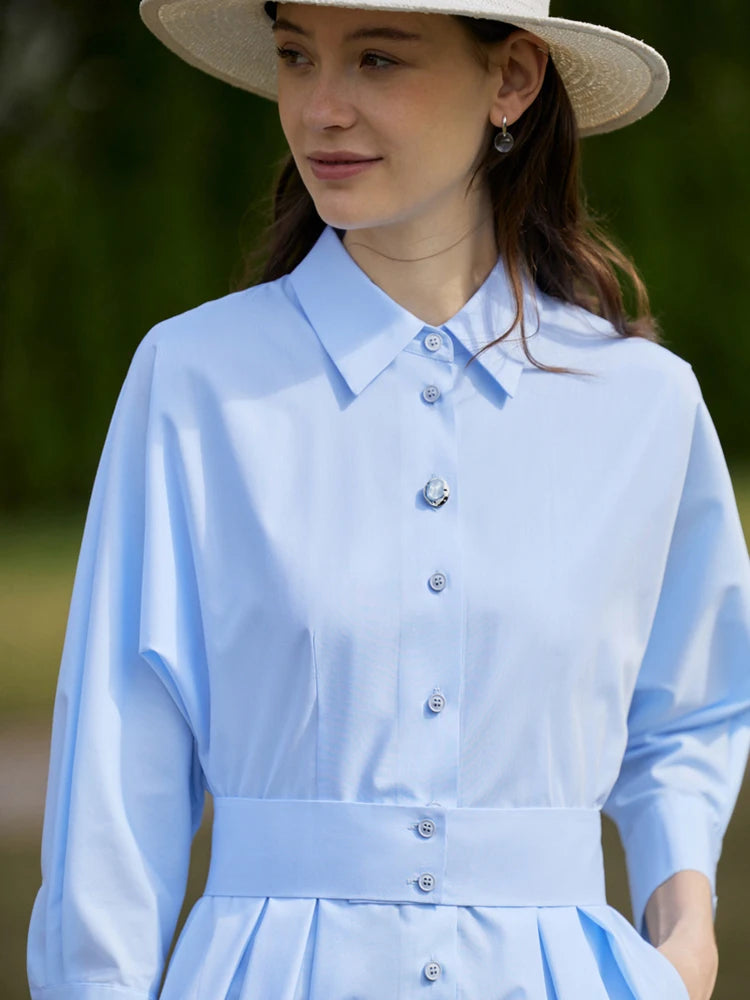 Minimalist Women's Shirt Dress - 2023 Spring Summer White Pleated Long Dress with Adjustable Waist Belt | Elegant Casual Office Wear & Weekend Outfits