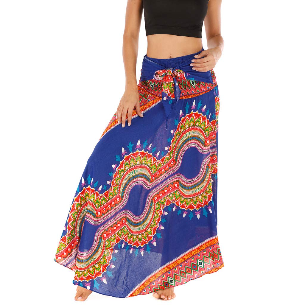 Boho Floral Print Long Maxi Skirt for Women - High Waist Elastic Pleated A-Line Ruffle Skirt - Perfect for Beach, Vacation & Casual Outfits
